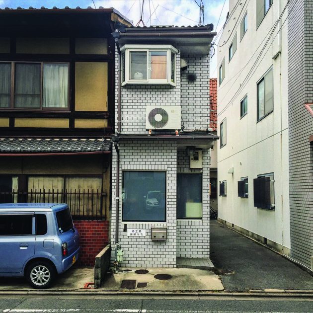 Small building on street corner in Kyoto Japan